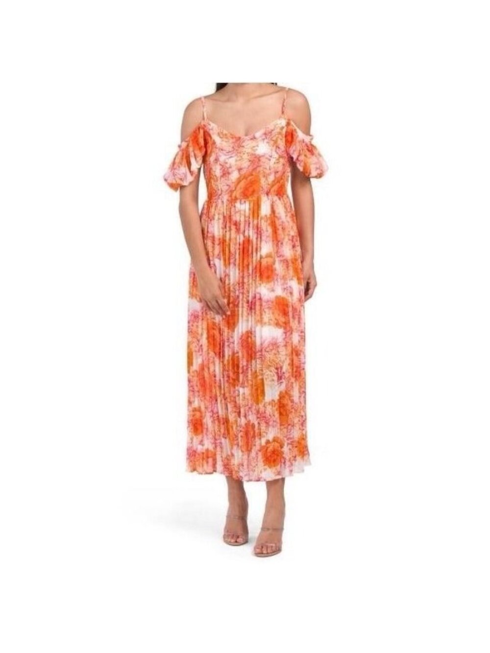 Dalia Macphee Orange Floral Cold Shoulder Floral Pleated Midi Dress Small